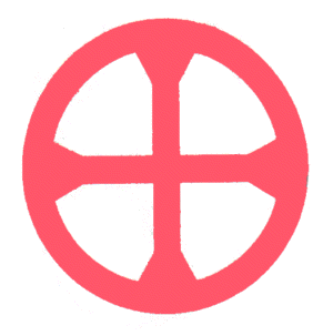viespeichiges rotes Radkreuz mit verdickten Speichenenden an den felgen, sogenanntes Keltenkreuz (vermindert)